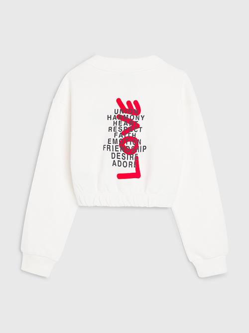 White Tommy Hilfiger Valentines Heart Print Cropped Girls' Sweatshirts | TH758UDB