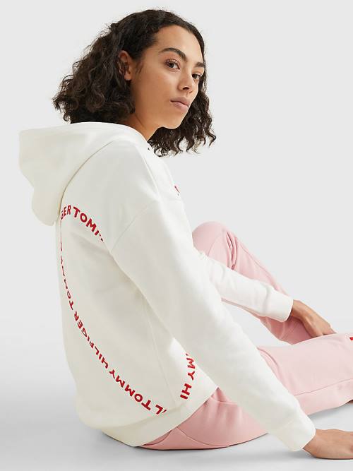 White Tommy Hilfiger Valentines Heart Print Relaxed Fit Women's Hoodie | TH892NPW