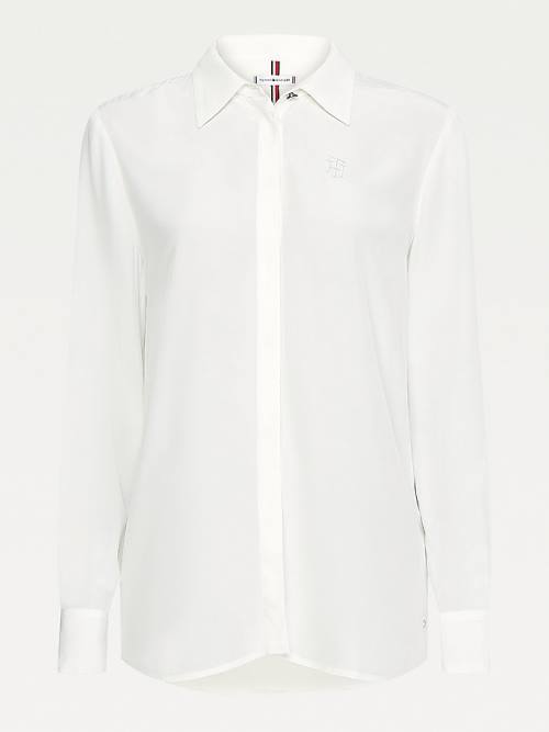 White Tommy Hilfiger Viscose Long Sleeve Relaxed Fit Women's Blouse | TH543POF