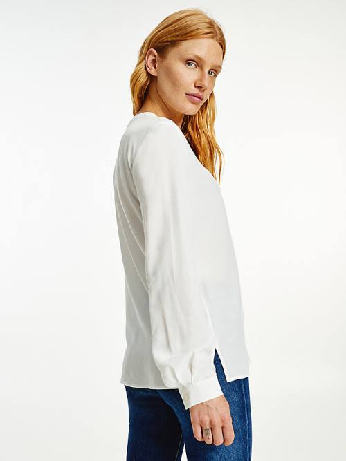 White Tommy Hilfiger Viscose V-Neck Regular Fit Women's Blouse | TH204RSL