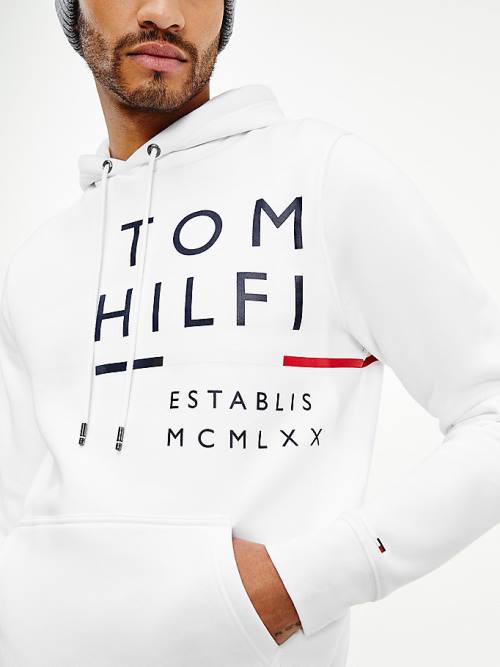 White Tommy Hilfiger Wraparound Logo Fleece Men's Hoodie | TH892OQT