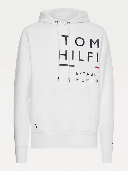 White Tommy Hilfiger Wraparound Logo Fleece Men's Hoodie | TH892OQT