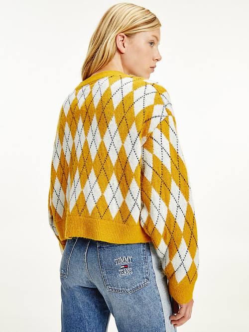 Yellow Tommy Hilfiger Argyle Cropped Cardigan Women's Sweaters | TH524PXQ