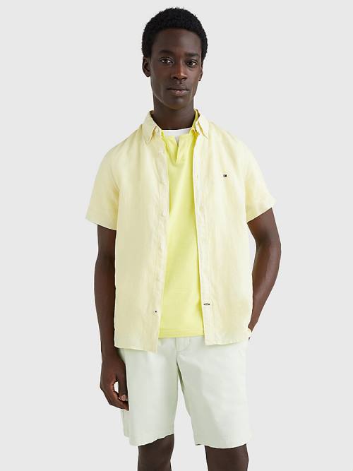 Yellow Tommy Hilfiger Pigment-Dyed Short Sleeve Linen Men's Shirts | TH926CBS