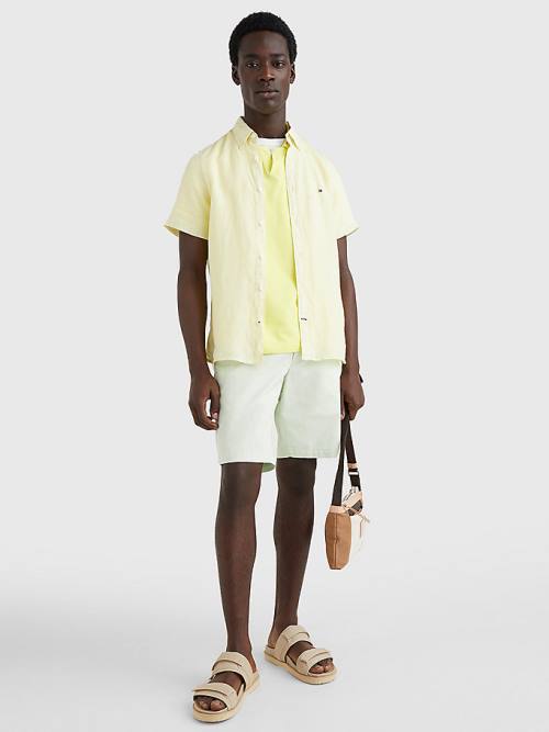 Yellow Tommy Hilfiger Pigment-Dyed Short Sleeve Linen Men's Shirts | TH926CBS