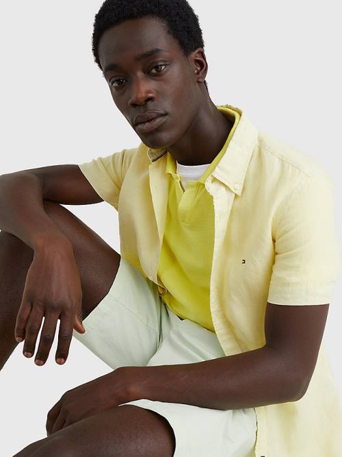 Yellow Tommy Hilfiger Pigment-Dyed Short Sleeve Linen Men's Shirts | TH926CBS