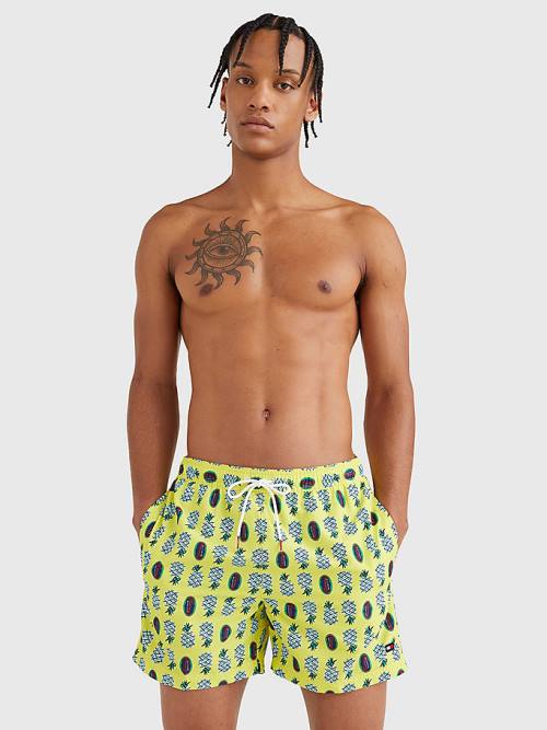 Yellow Tommy Hilfiger Print Drawstring Mid Length Shorts Men's Swimwear | TH804JLG