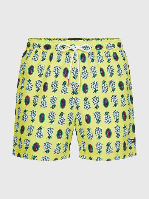 Yellow Tommy Hilfiger Print Drawstring Mid Length Shorts Men's Swimwear | TH804JLG