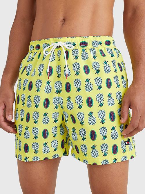 Yellow Tommy Hilfiger Print Drawstring Mid Length Shorts Men\'s Swimwear | TH804JLG